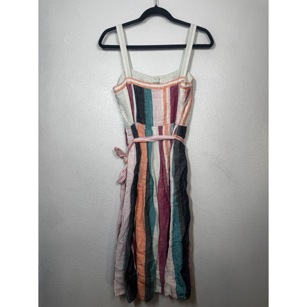 J. Crew Linen Midi Dress Multicolor Striped Button Front Belted Strap Sz 4 - Picture 4 of 4